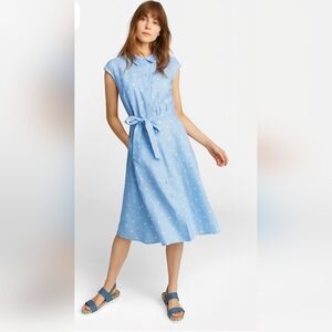 Joules Light 100% Linen Blue Polka Dot Midi Dress Sz 12 -22" pit to pit & 44" L